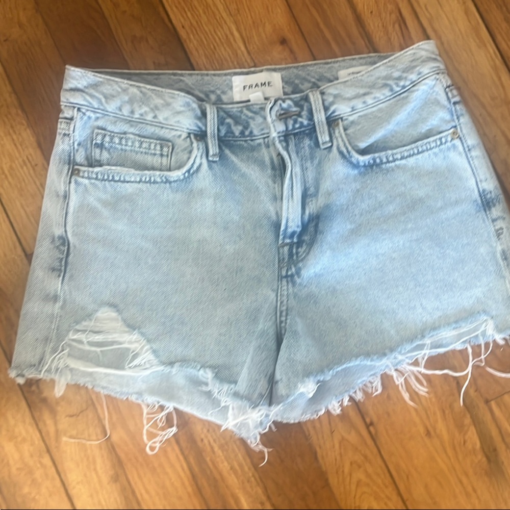 Frame Denim Blue Frayed Hem Shorts